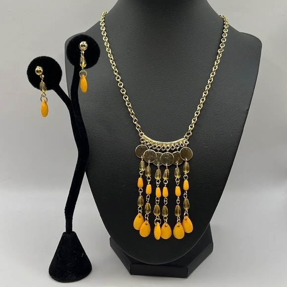 Gold Tone Orange Egyptian Style Necklace Set Bezeled Teardrop Beads and Yellow - Picture 1 of 8